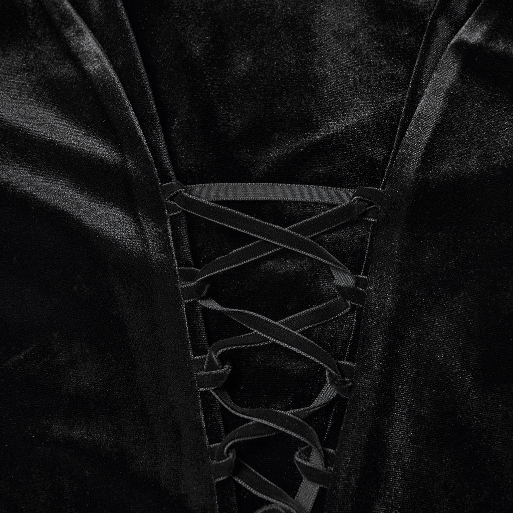 PUNK RAVE Women's Gothic Lace-up Puff Sleeved Top Black