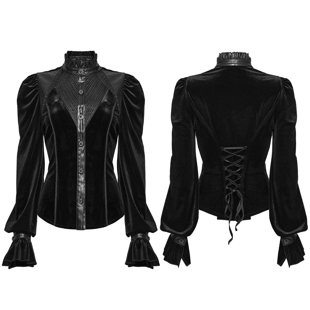 PUNK RAVE Women's Gothic Lace-up Puff Sleeved Top Black