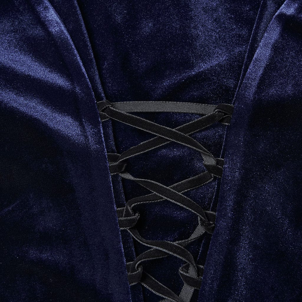 PUNK RAVE Women's Gothic Lace-up Puff Sleeved Top Blue