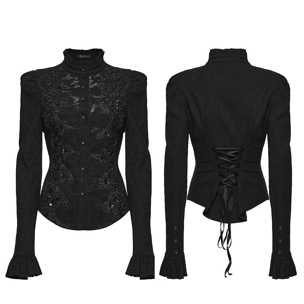 PUNK RAVE Women's Gothic Lace-up Ruffle Jacquard Long Sleeve Shirt