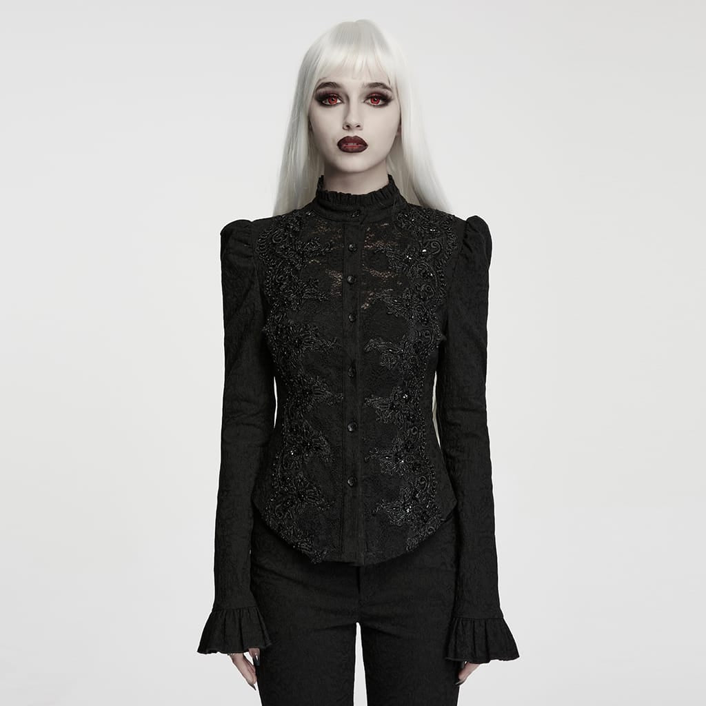 PUNK RAVE Women's Gothic Lace-up Ruffle Jacquard Long Sleeve Shirt