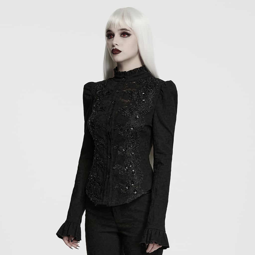 PUNK RAVE Women's Gothic Lace-up Ruffle Jacquard Long Sleeve Shirt