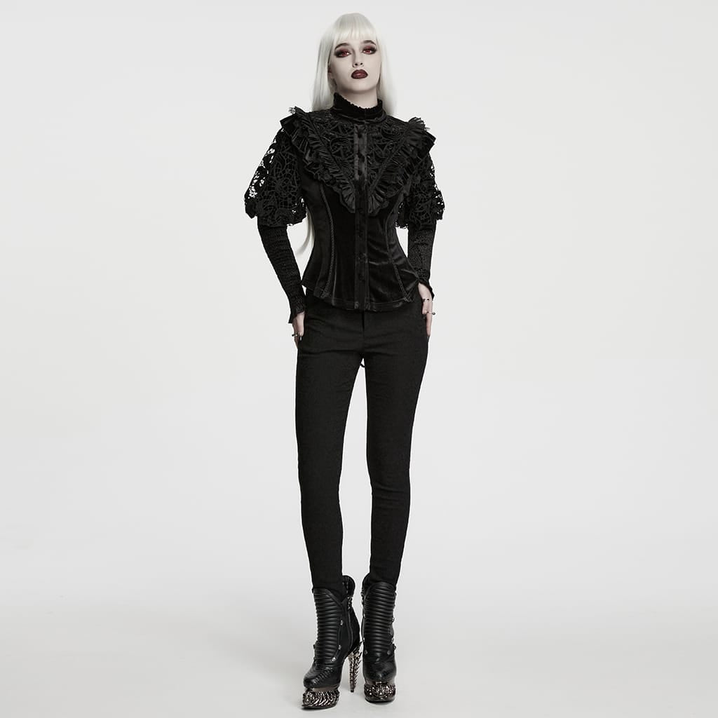 PUNK RAVE Women's Gothic Lace-up Ruffle Trim Long Sleeve Shirt