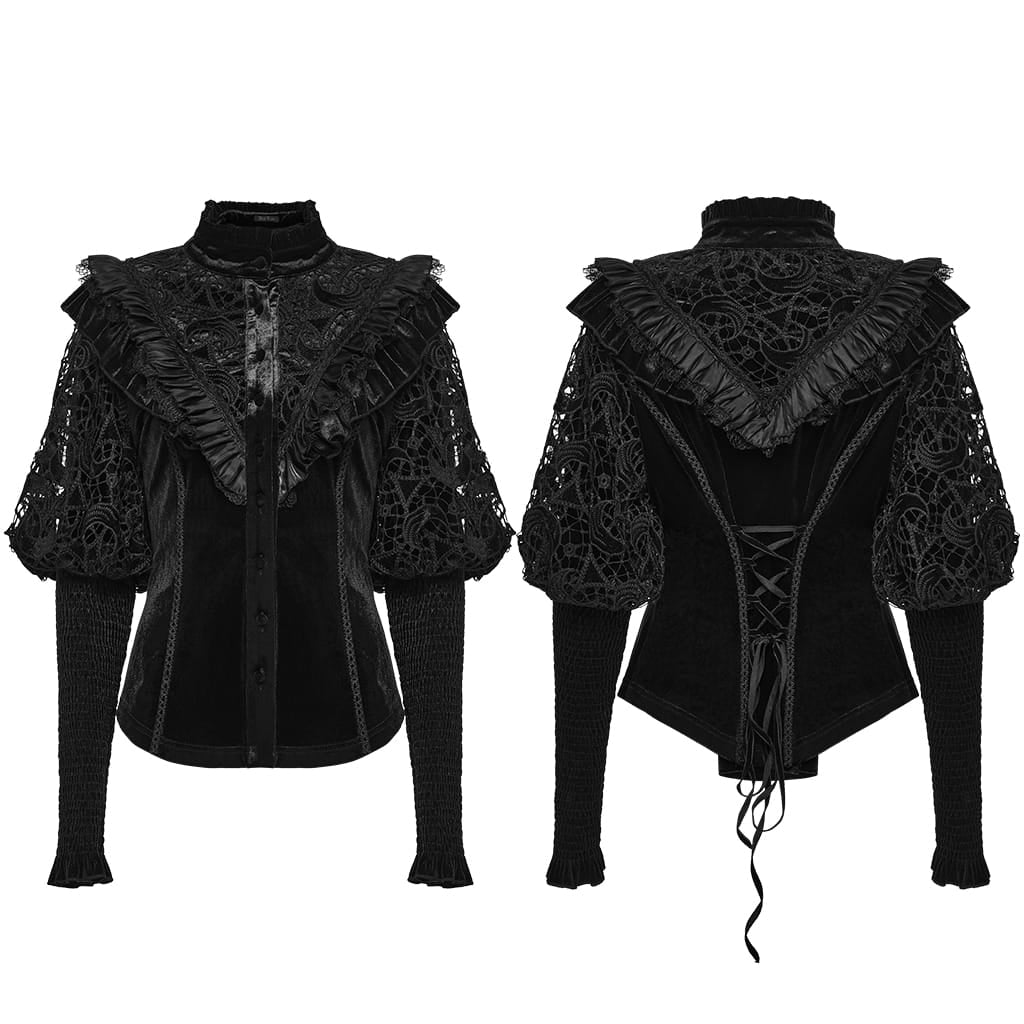 PUNK RAVE Women's Gothic Lace-up Ruffle Trim Long Sleeve Shirt