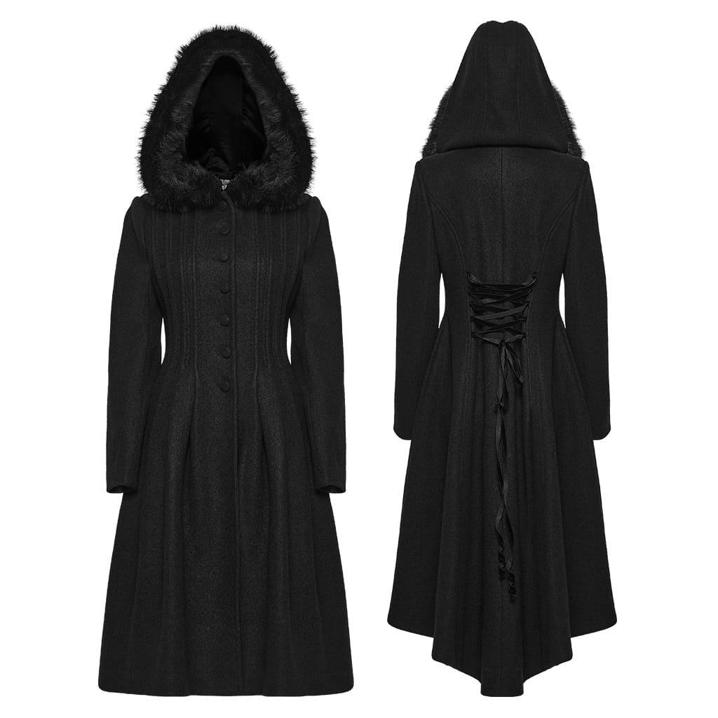 PUNK RAVE Women's Gothic Lace-up Single-breasted Hooded Coat Black