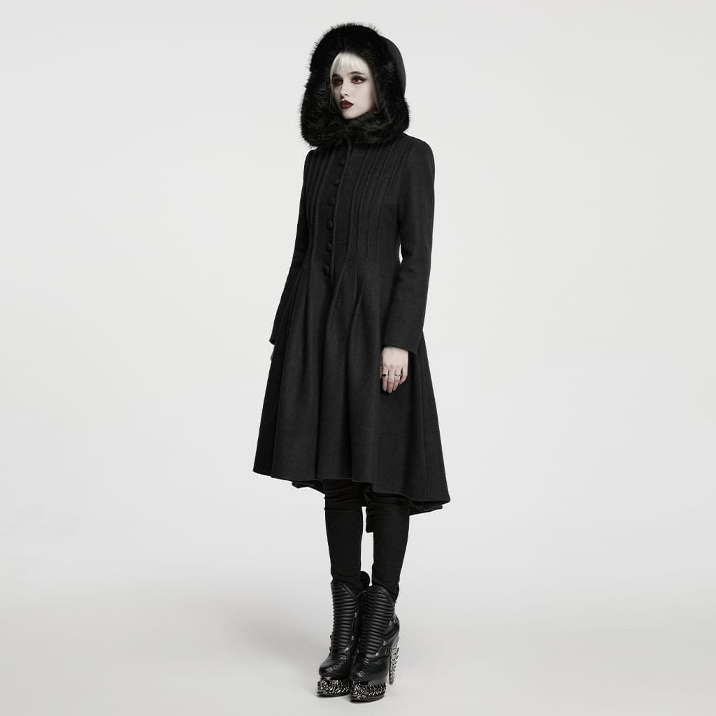 PUNK RAVE Women's Gothic Lace-up Single-breasted Hooded Coat Black