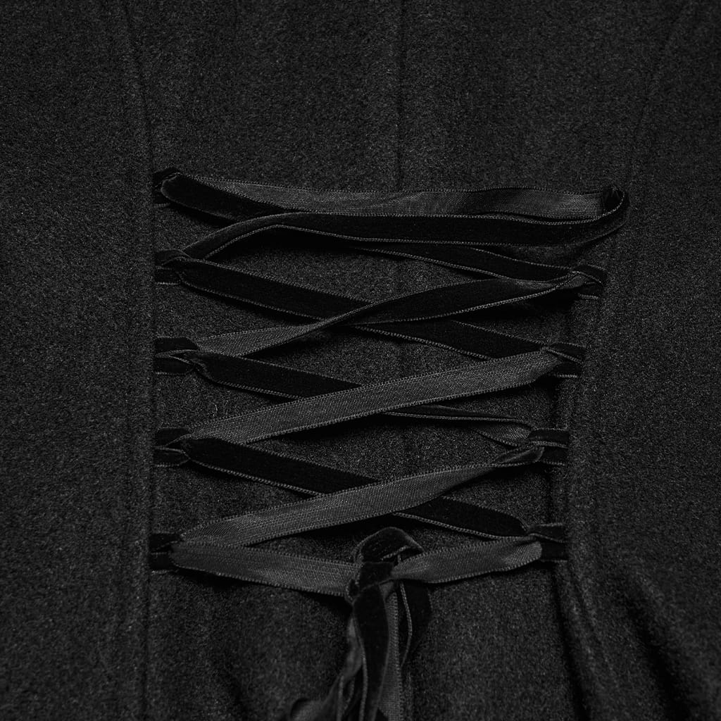 PUNK RAVE Women's Gothic Lace-up Single-breasted Hooded Coat Black