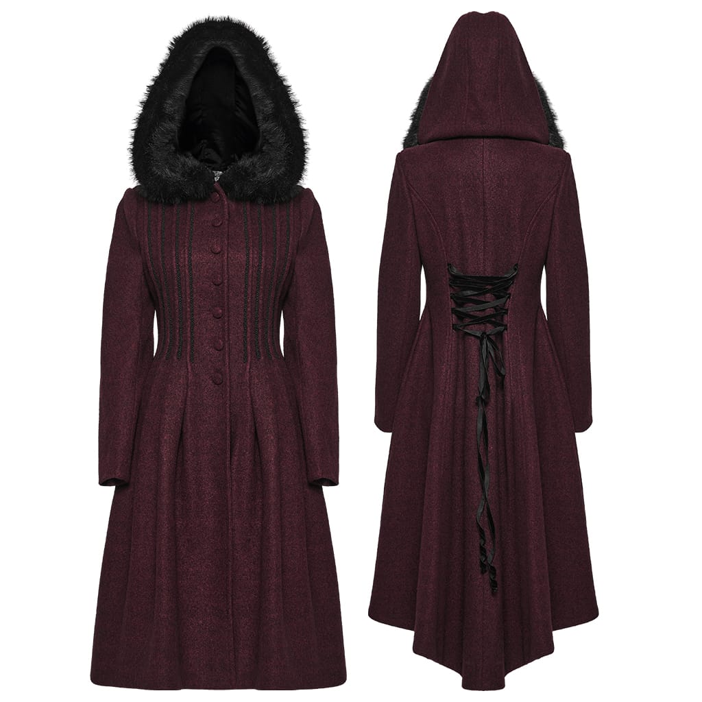 Women's Gothic Lace-up Single-breasted Hooded Coat Red – Punk Design