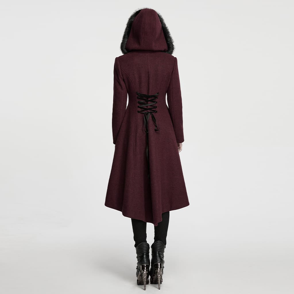 Women's Gothic Lace-up Single-breasted Hooded Coat Red – Punk Design