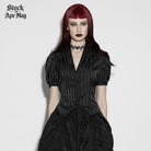 PUNK RAVE Women's Gothic Lace-up Striped Plunging Short Sleeved Shirt Black