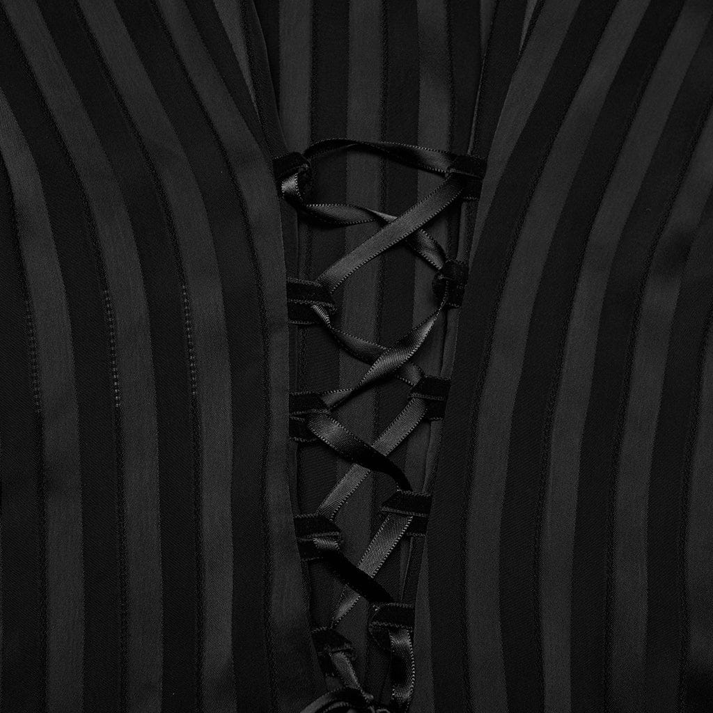 PUNK RAVE Women's Gothic Lace-up Striped Plunging Short Sleeved Shirt Black