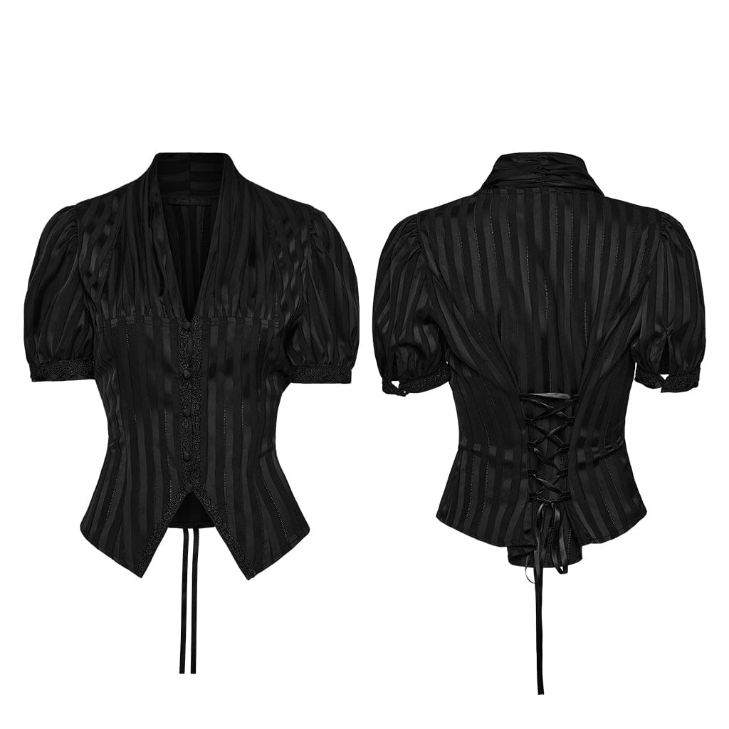 Women's Gothic Lace-up Striped Plunging Short Sleeved Shirt Black