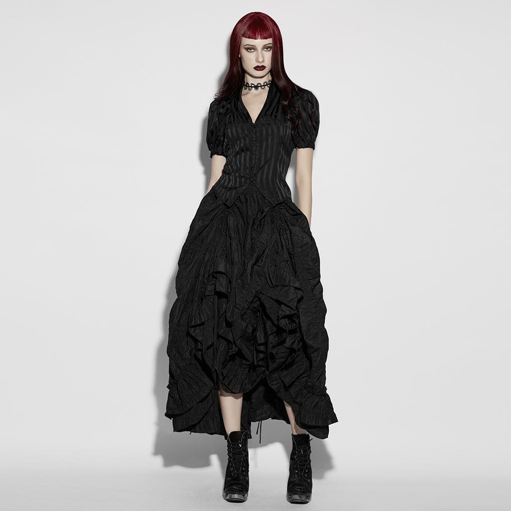 PUNK RAVE Women's Gothic Lace-up Striped Plunging Short Sleeved Shirt Black