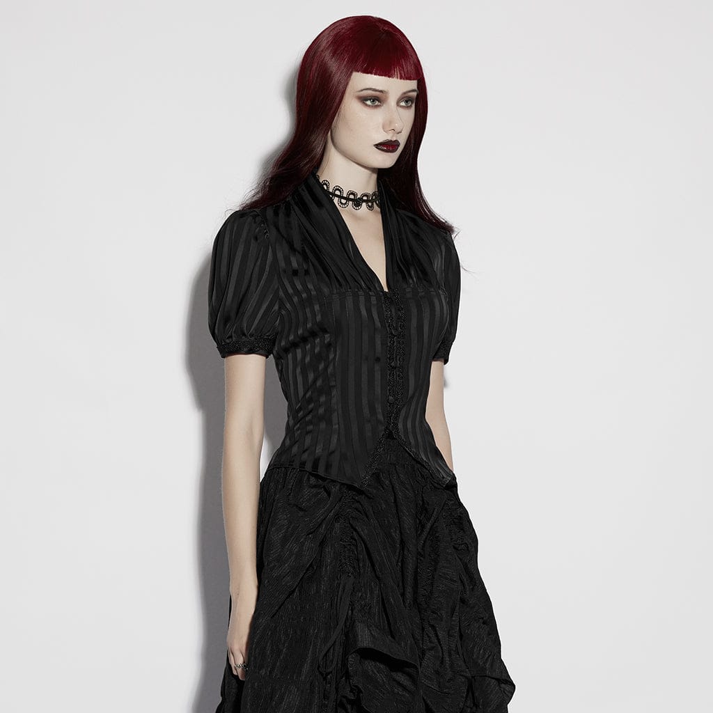 Women's Gothic Lace-up Striped Plunging Short Sleeved Shirt Black