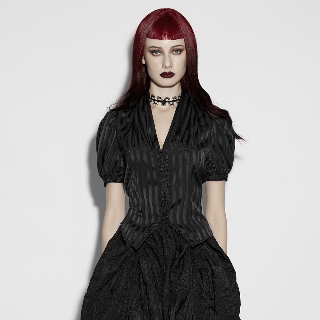 Women's Gothic Lace-up Striped Plunging Short Sleeved Shirt Black