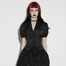 PUNK RAVE Women's Gothic Lace-up Striped Plunging Short Sleeved Shirt Black