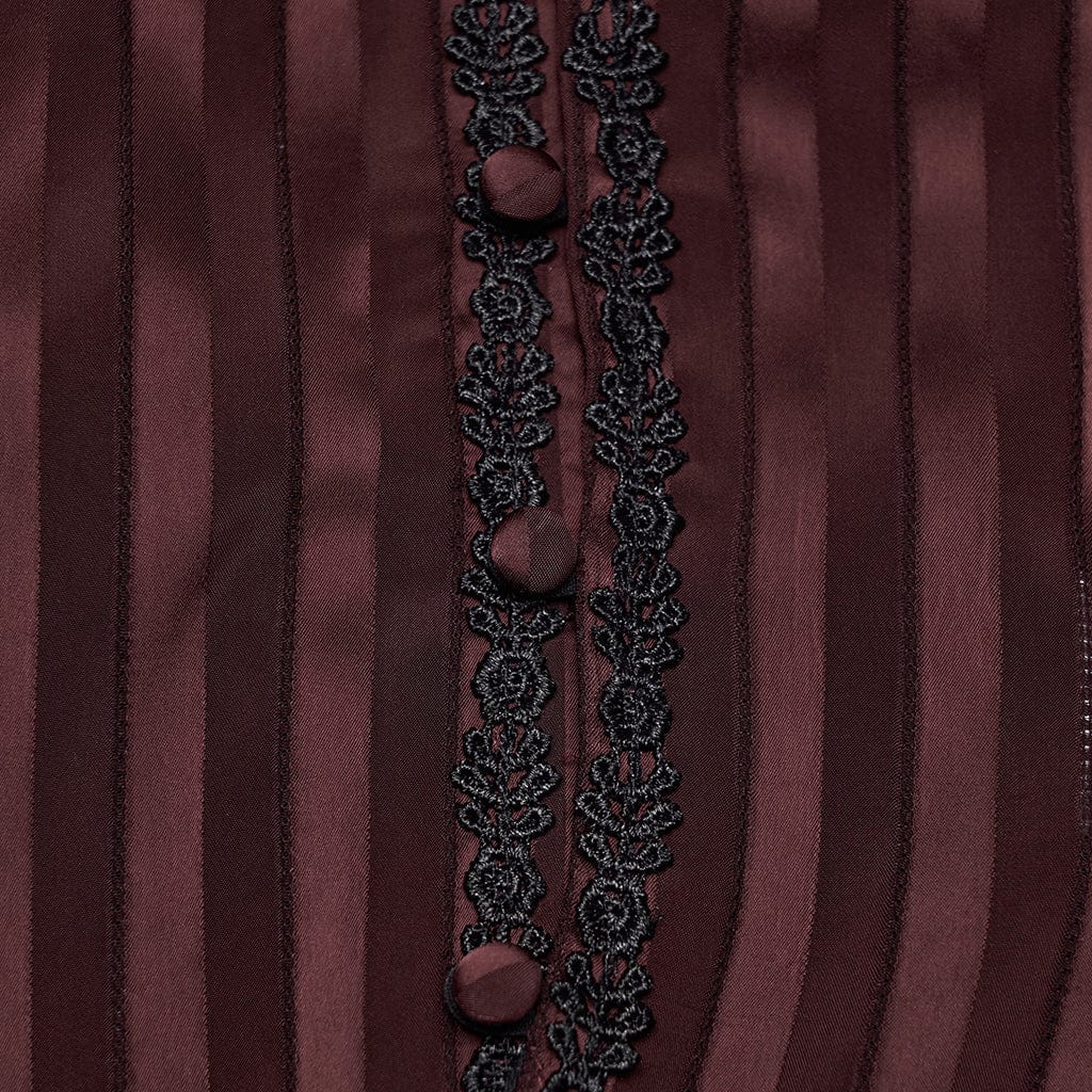 PUNK RAVE Women's Gothic Lace-up Striped Plunging Short Sleeved Shirt Red