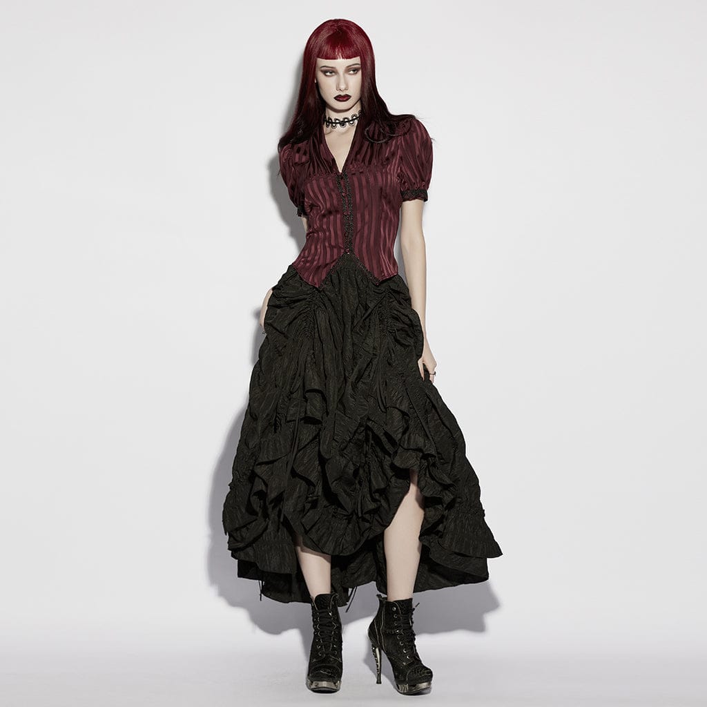 PUNK RAVE Women's Gothic Lace-up Striped Plunging Short Sleeved Shirt Red