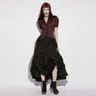 PUNK RAVE Women's Gothic Lace-up Striped Plunging Short Sleeved Shirt Red