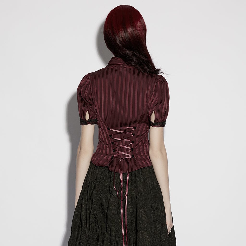 PUNK RAVE Women's Gothic Lace-up Striped Plunging Short Sleeved Shirt Red