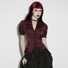 PUNK RAVE Women's Gothic Lace-up Striped Plunging Short Sleeved Shirt Red