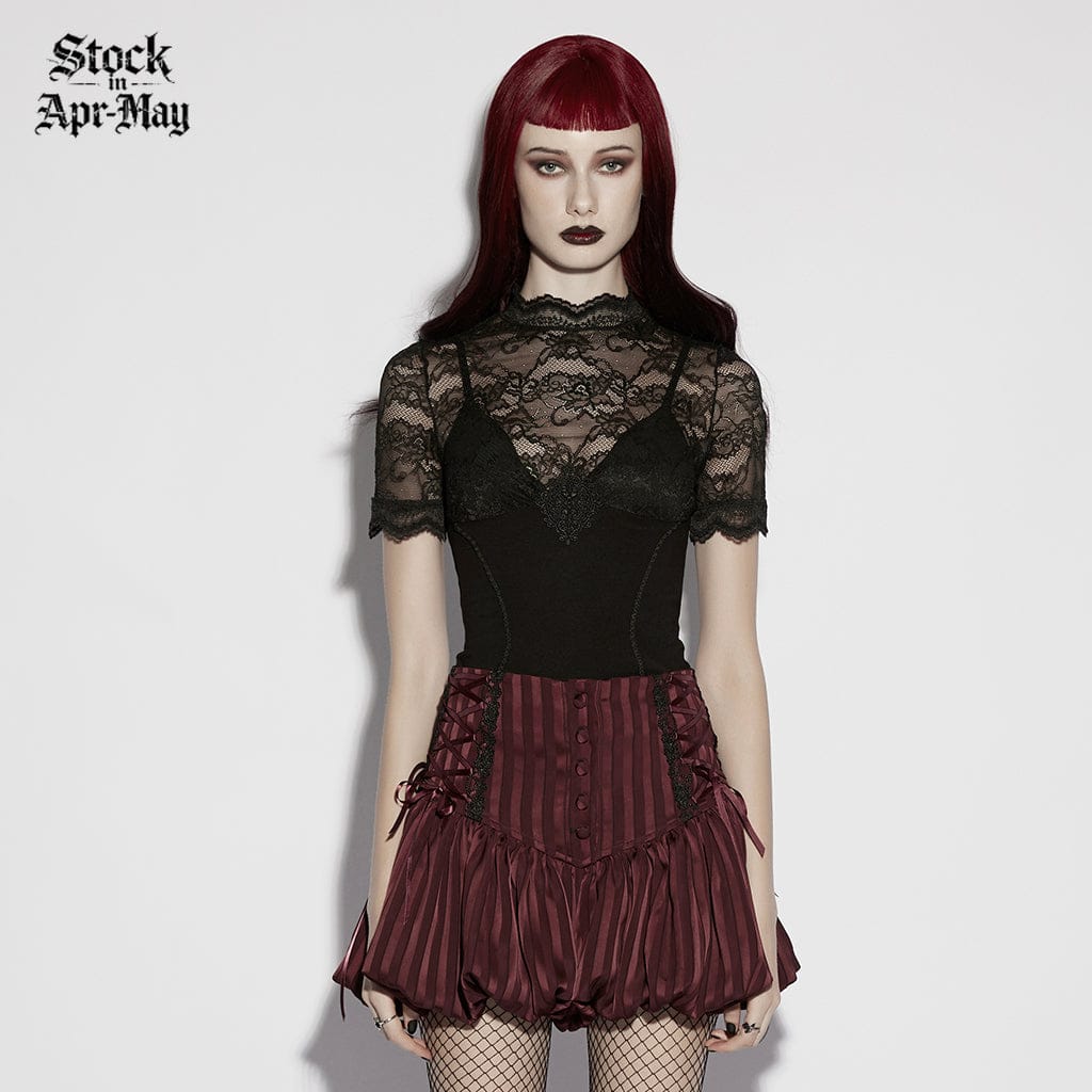 PUNK RAVE Women's Gothic Lace-up Striped Pumpkin Shorts Red
