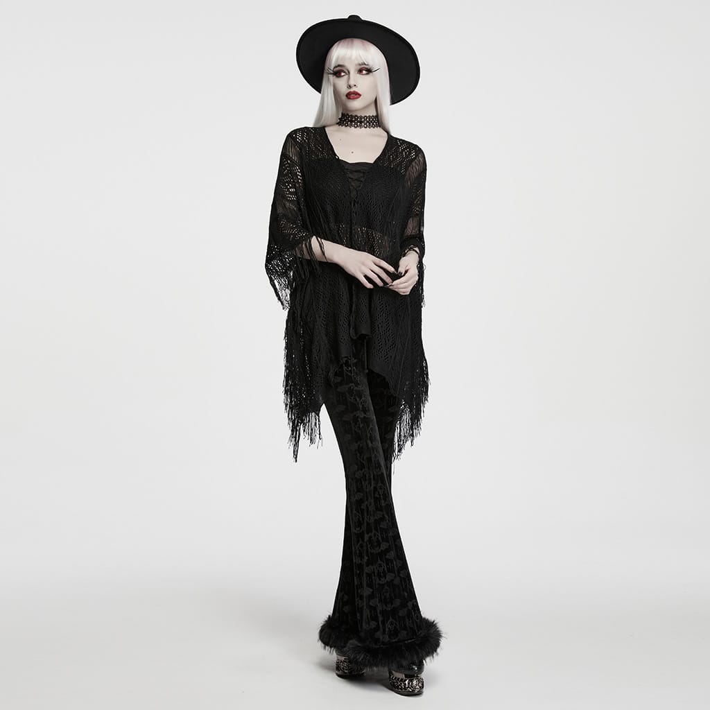 PUNK RAVE Women's Gothic Lace-up Tassel Sweater