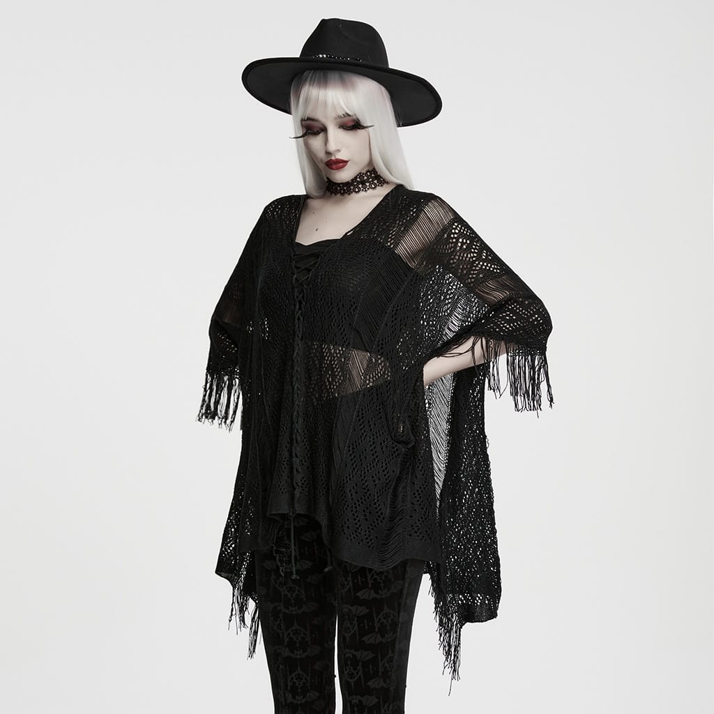 PUNK RAVE Women's Gothic Lace-up Tassel Sweater