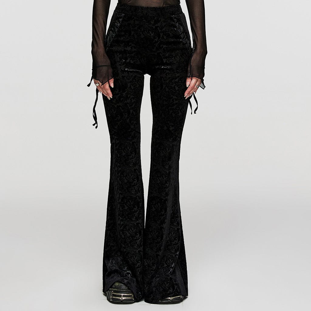 Lady Floral Velvet Bell Bottoms Flare Pants Trousers Black Gothic Fashion  Casual