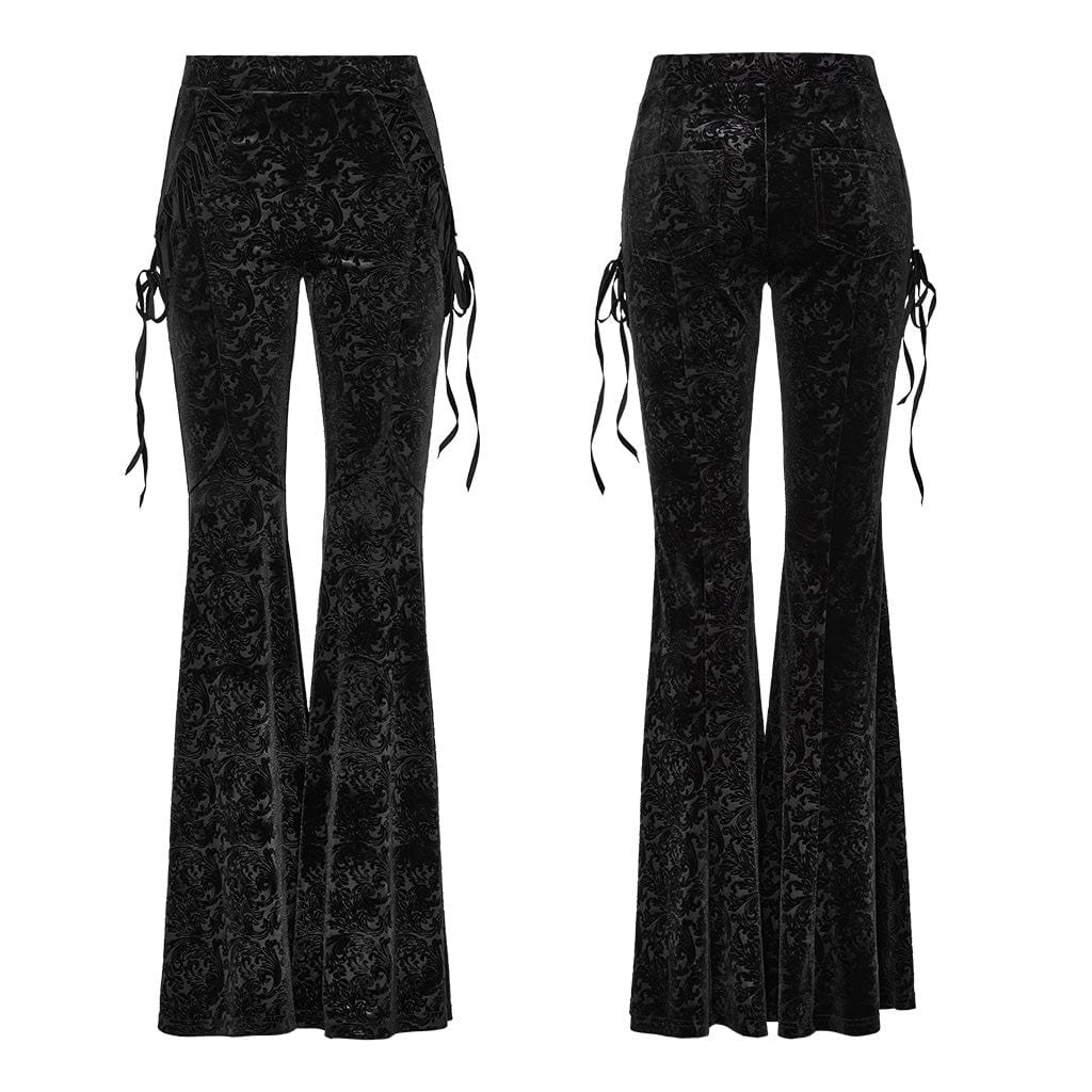 PUNK RAVE Women's Gothic Lace-up Velvet Flared Pants Black