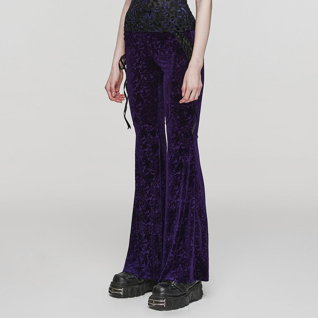 PUNK RAVE Women's Gothic Lace-up Velvet Flared Pants Violet