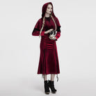 PUNK RAVE Women's Gothic Lace-up Velvet Hooded Cape Red