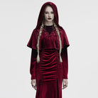 PUNK RAVE Women's Gothic Lace-up Velvet Hooded Cape Red
