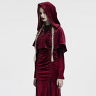 PUNK RAVE Women's Gothic Lace-up Velvet Hooded Cape Red