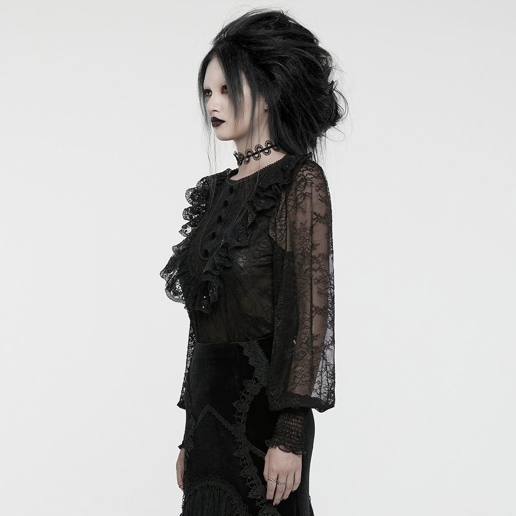 PUNK RAVE Women's Gothic Lantern Sleeved Ruffled Lace Shirt