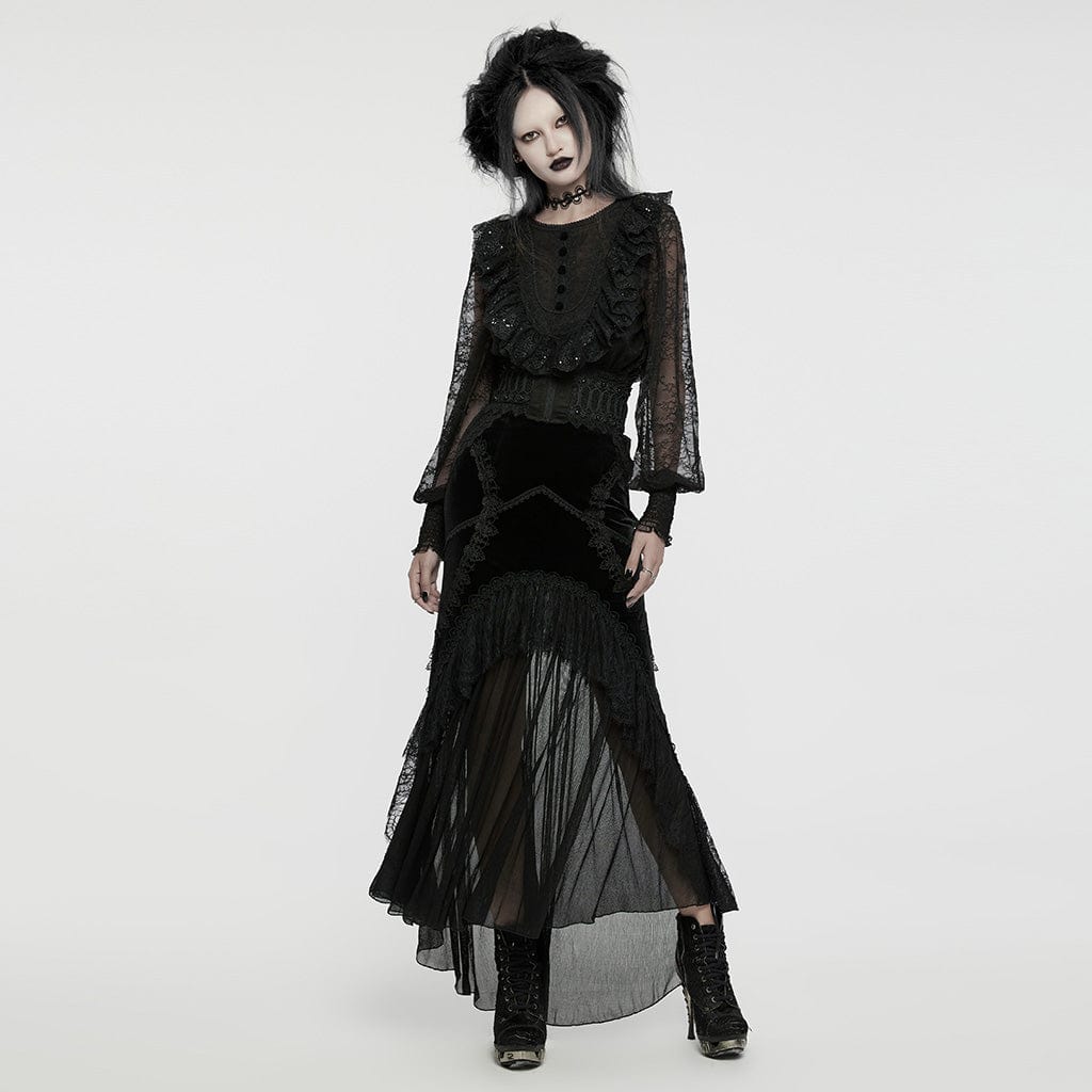 PUNK RAVE Women's Gothic Lantern Sleeved Ruffled Lace Shirt