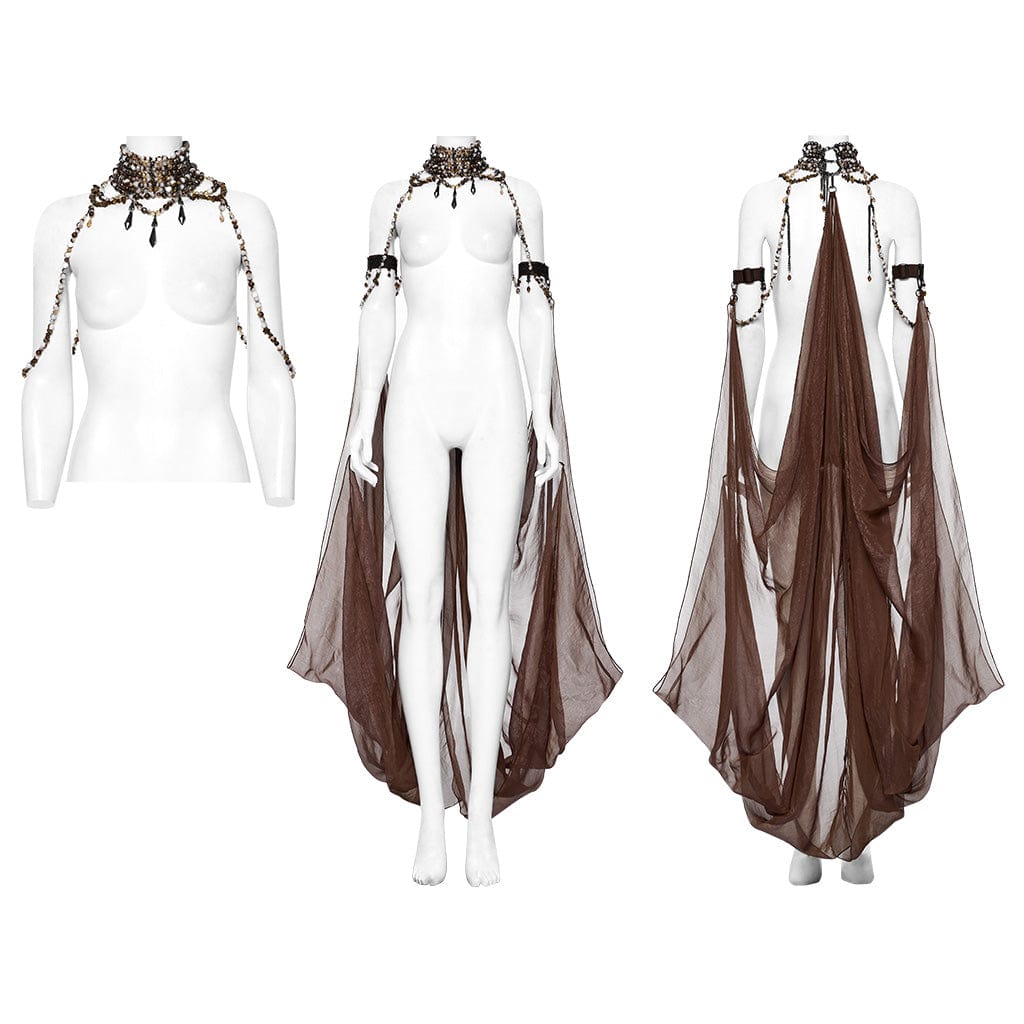 PUNK RAVE Women's Gothic Layered Beaded Detachable Cloak Coffee