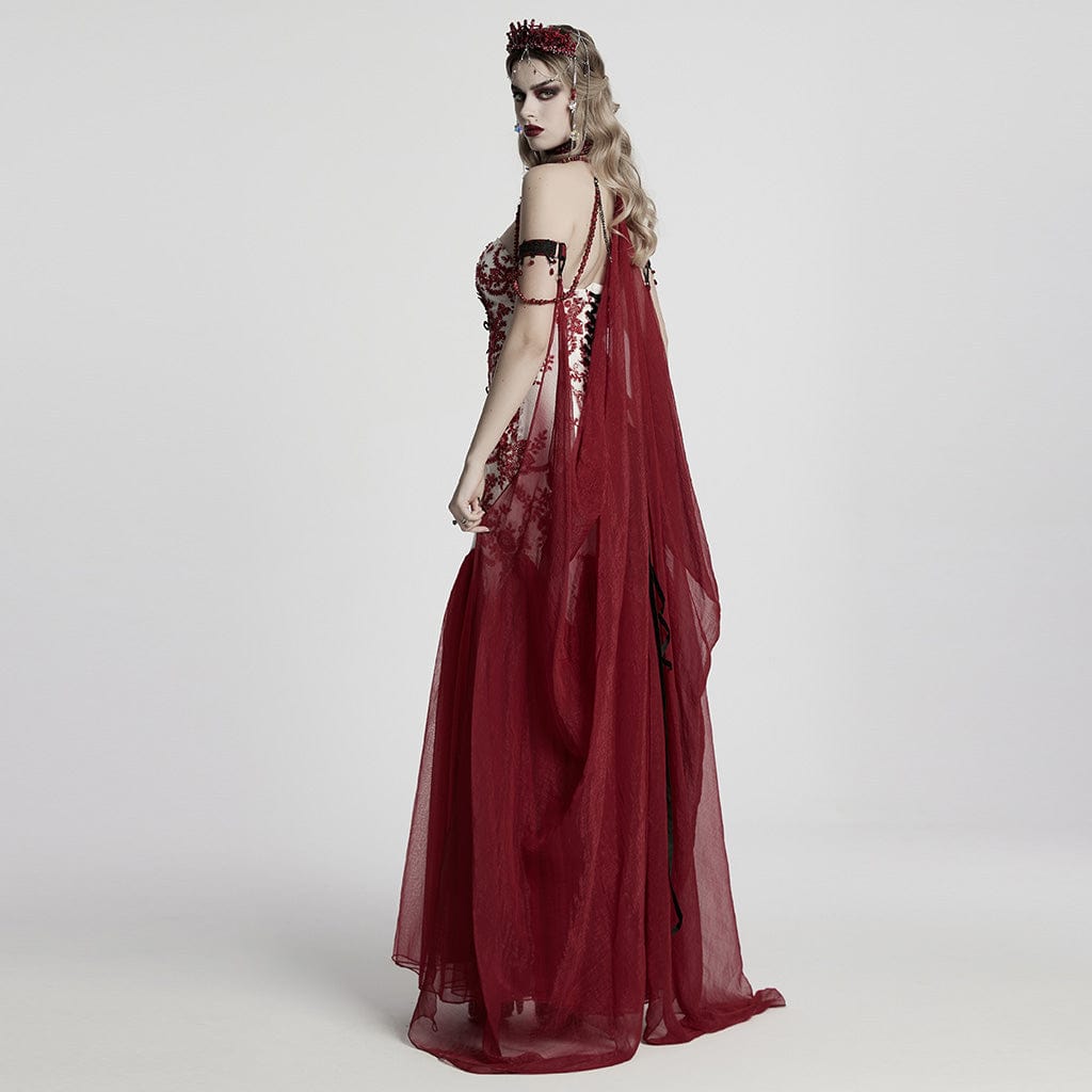 PUNK RAVE Women's Gothic Layered Beaded Detachable Cloak Red