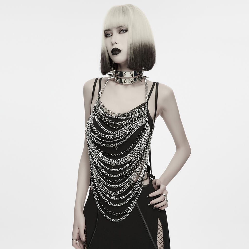 PUNK RAVE Women's Gothic Layered Chain Cross Halter Body Harness