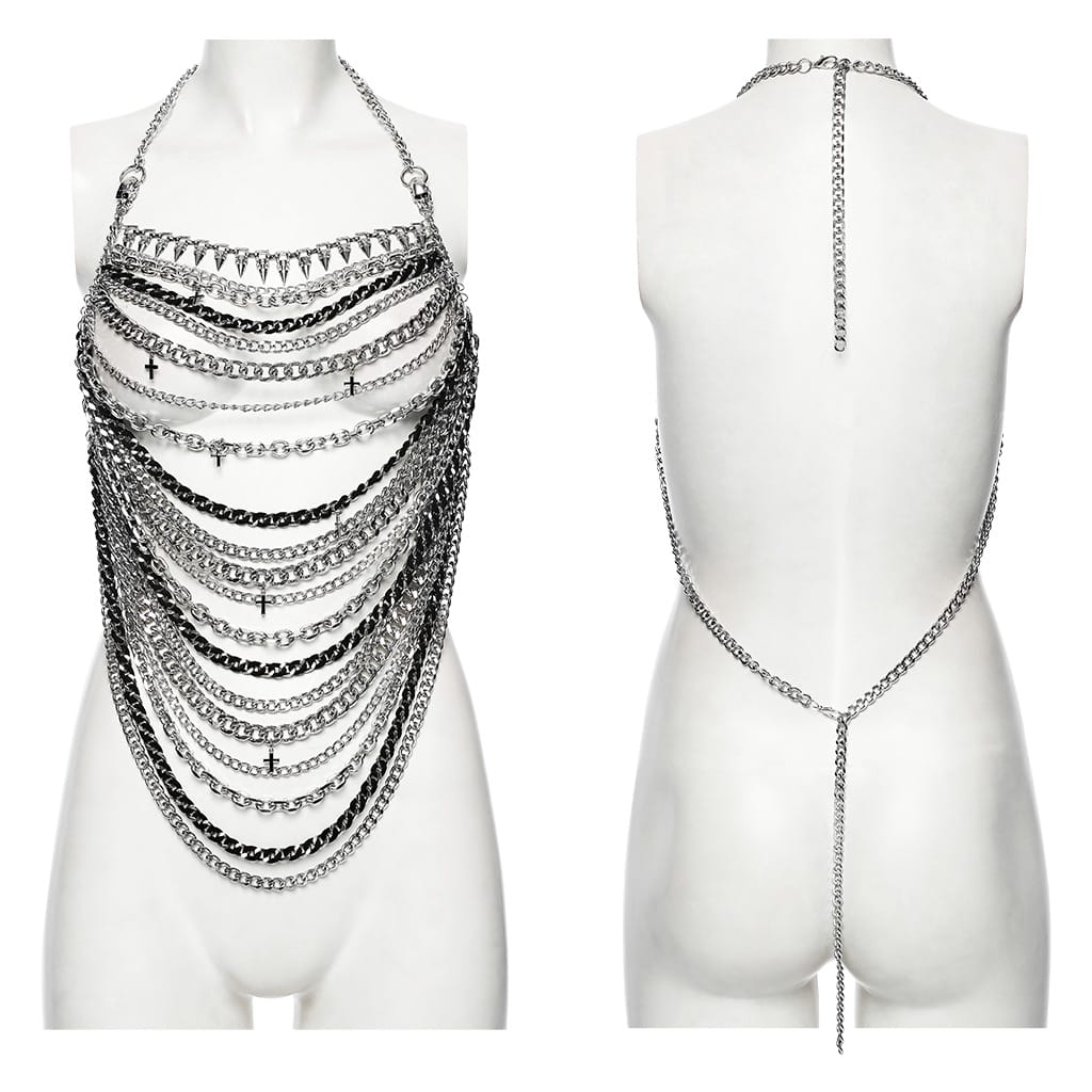 PUNK RAVE Women's Gothic Layered Chain Cross Halter Body Harness