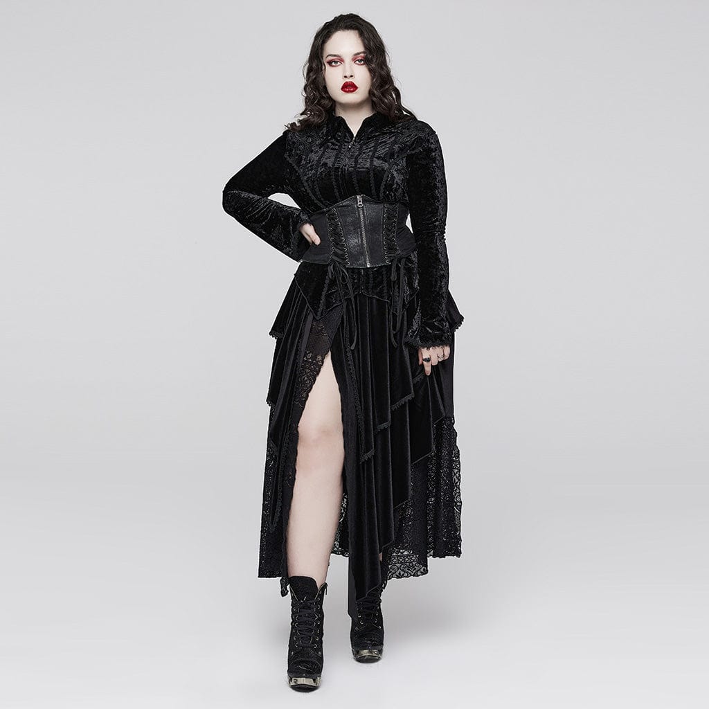 PUNK RAVE Women's Gothic Layered Lace Splice Velvet Skirt