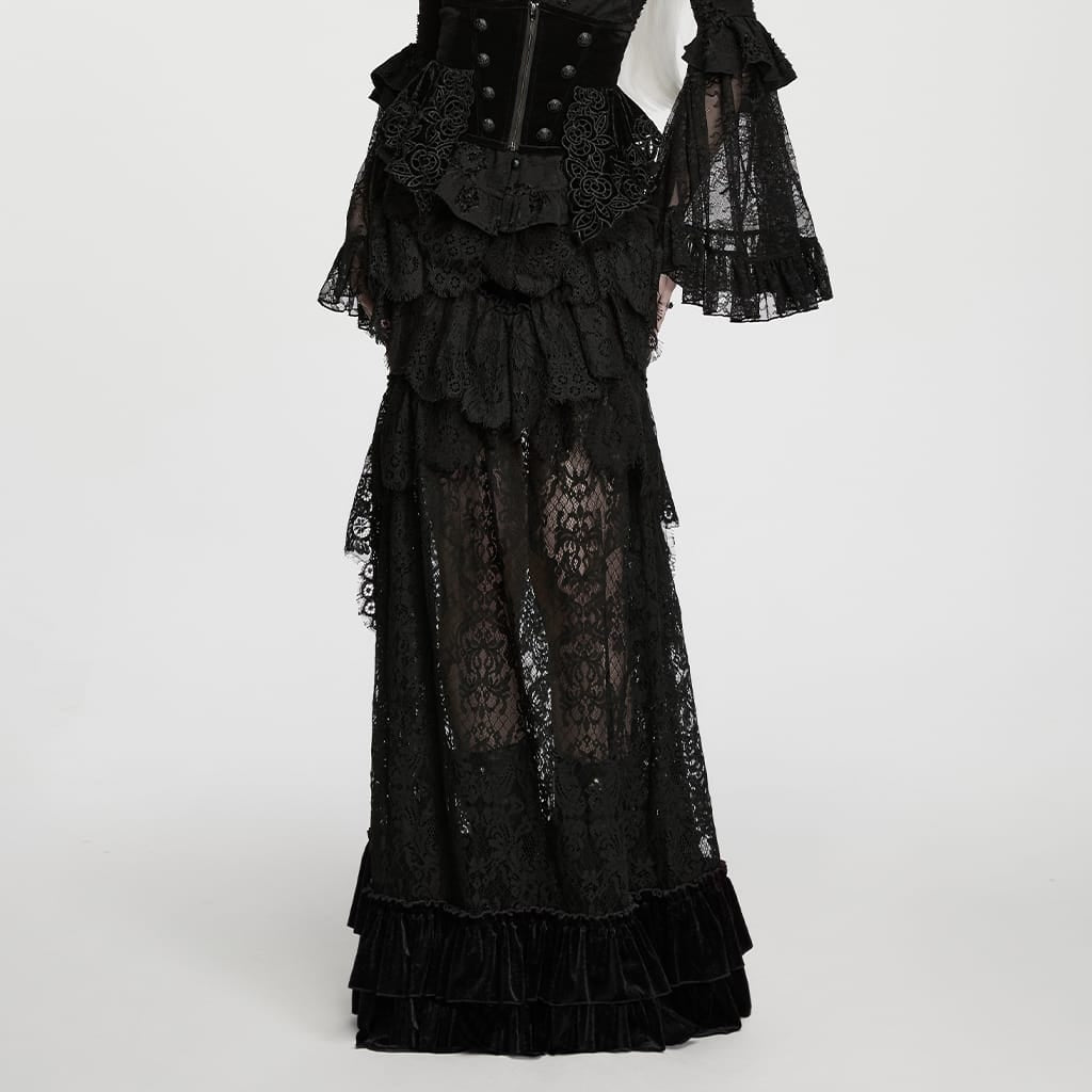 PUNK RAVE Women's Gothic Layered Ruffle Velvet Lace Maxi Skirt
