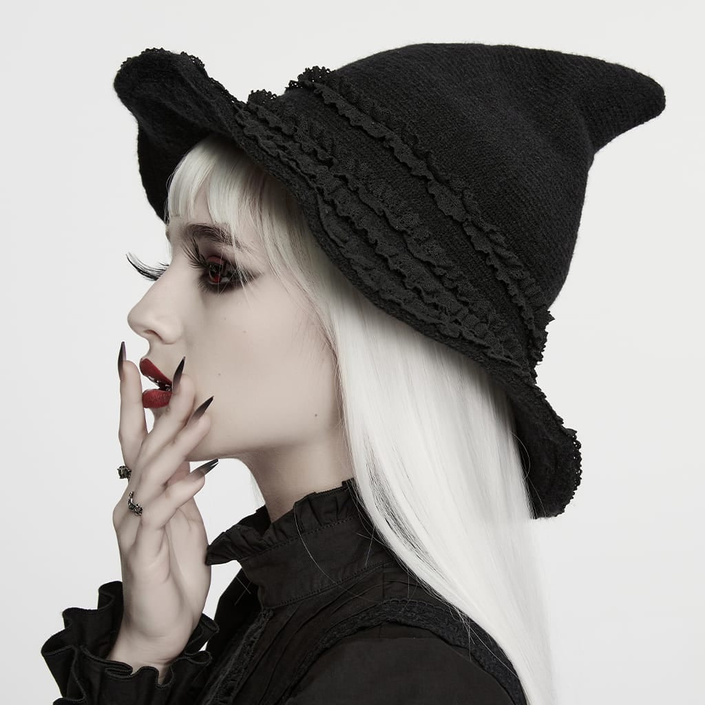 PUNK RAVE Women's Gothic Layered Ruffle Witch Knitted Hat