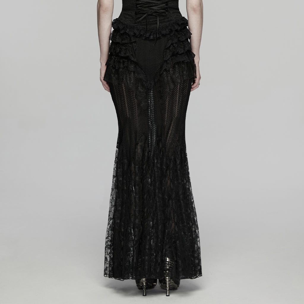 PUNK RAVE Women's Gothic Layered Ruffled Lace Mermaid Skirt