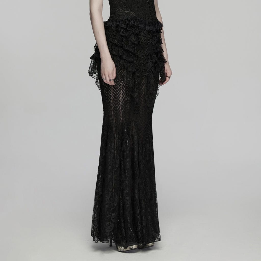 PUNK RAVE Women's Gothic Layered Ruffled Lace Mermaid Skirt