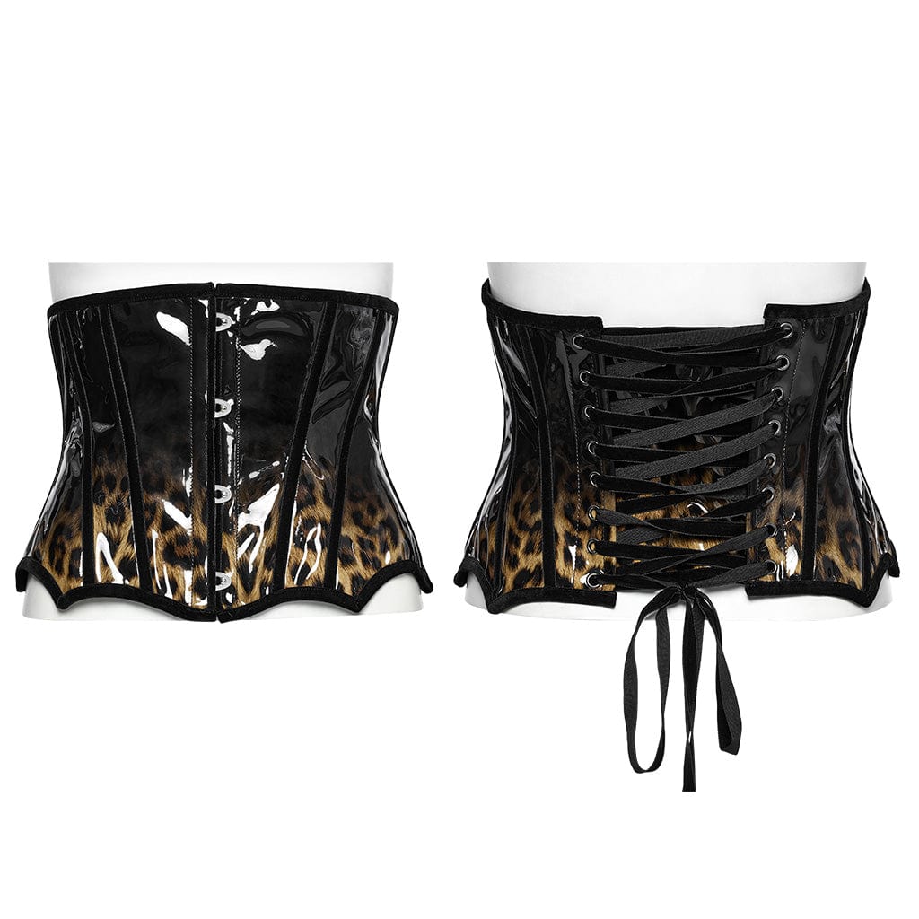 PUNK RAVE Women's Gothic Leopard Patent Leather Underbust Corset Coffee