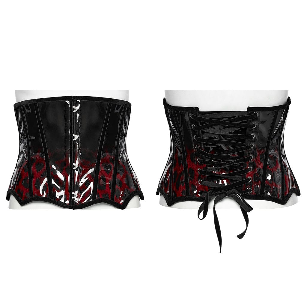 PUNK RAVE Women's Gothic Leopard Patent Leather Underbust Corset Red