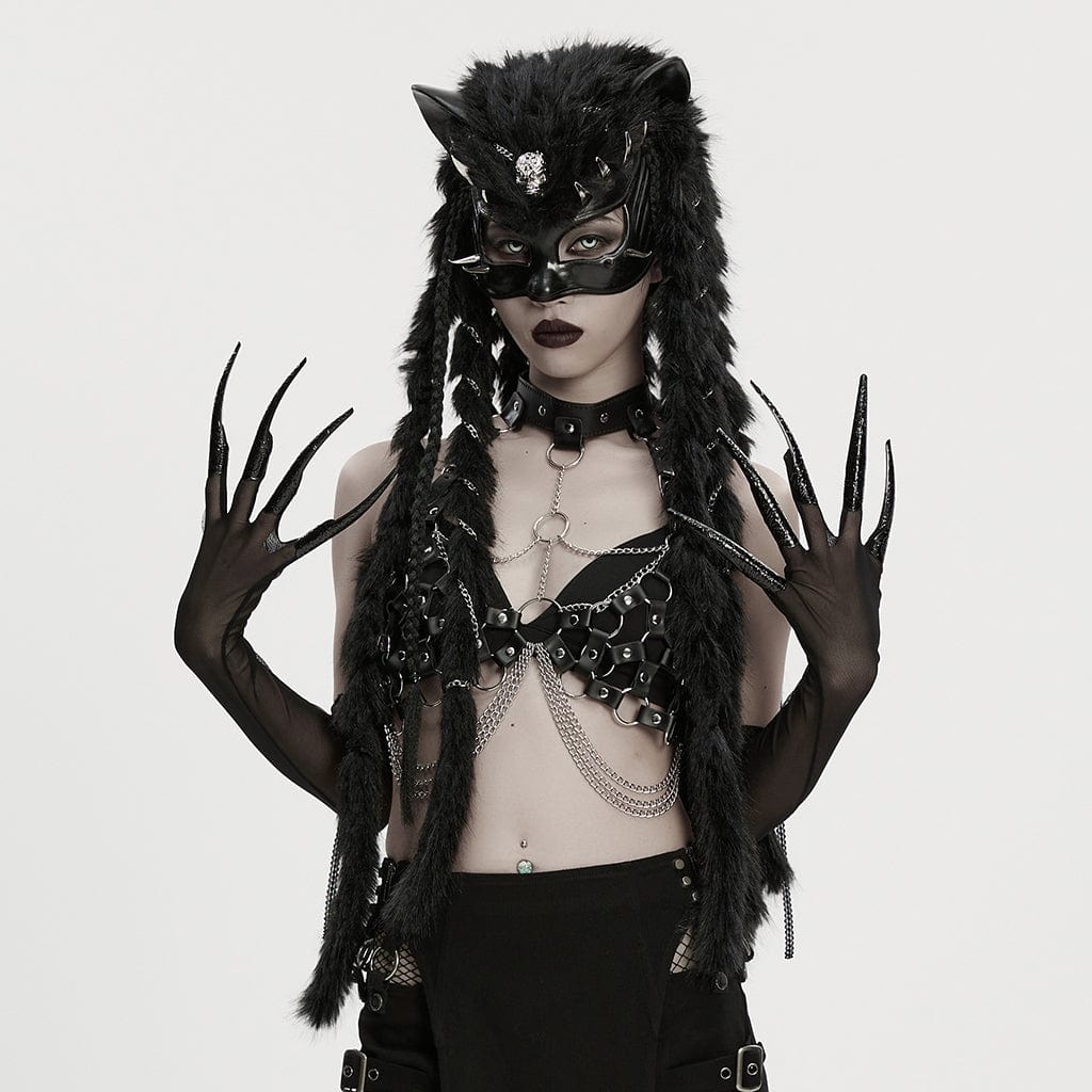 PUNK RAVE Women's Gothic Mesh Gloves with Detachable Nails and Cuffs