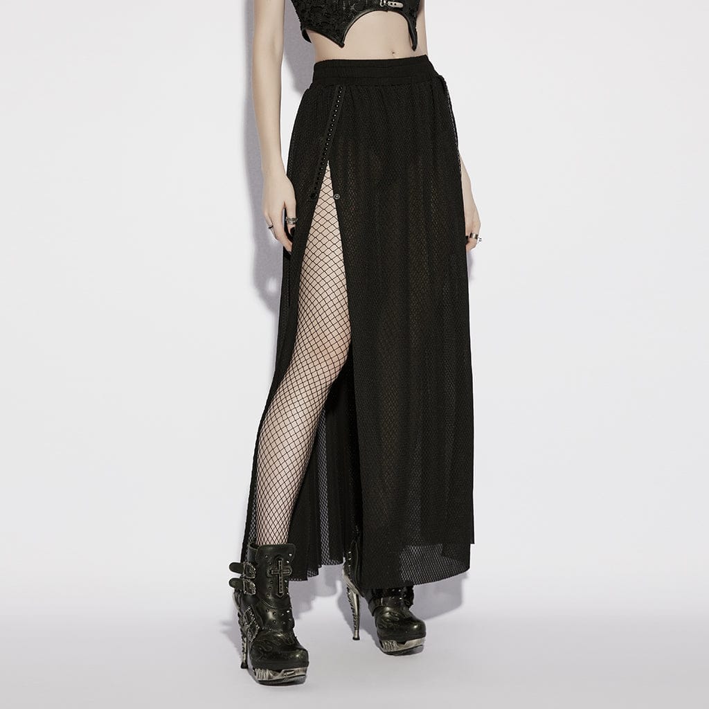 PUNK RAVE Women's Gothic Mesh Sheer Side Slit Long Skirt