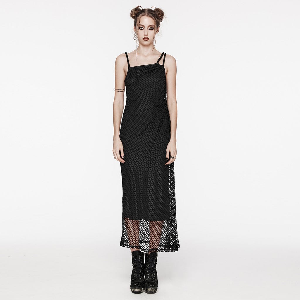 PUNK RAVE Women's Gothic Mesh Splice Drawstring Slip Dress Black
